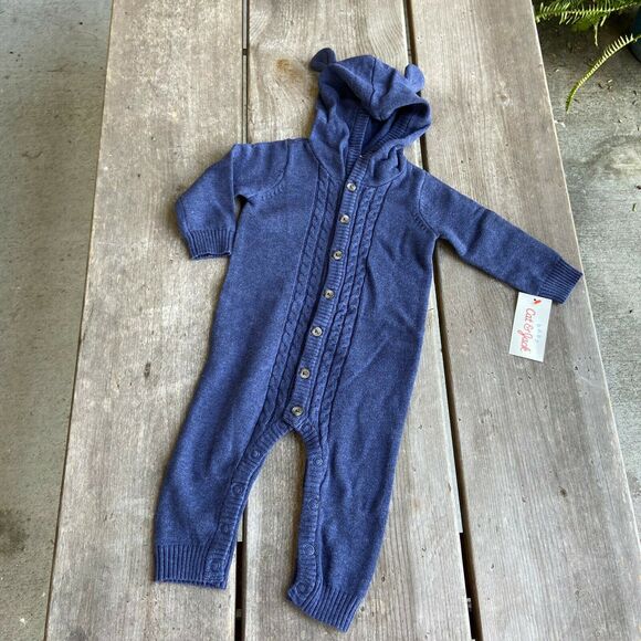 Cat & Jack Boys Romper Size 3-6 Mo Hooded Critter Sweater Blue Ears NEW - Picture 3 of 8